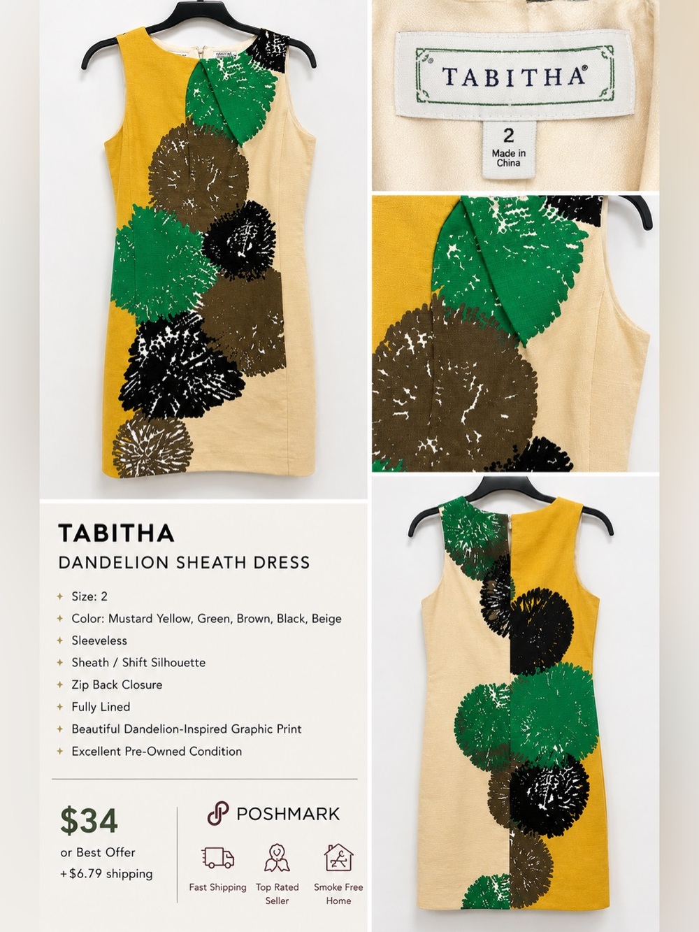 Tabitha Mustard Yellow Sheath Dress with Green & Black Dandelion Motif